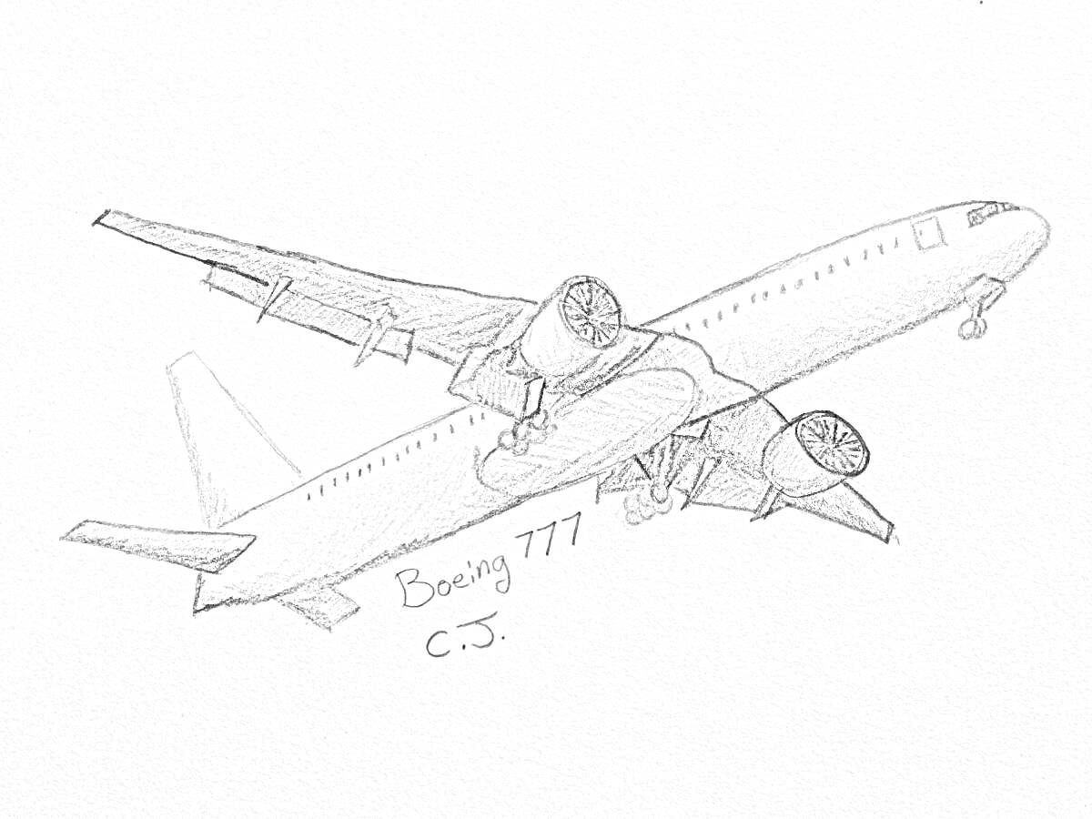 Рисунок Боинг 777 взлетающий, надпись 