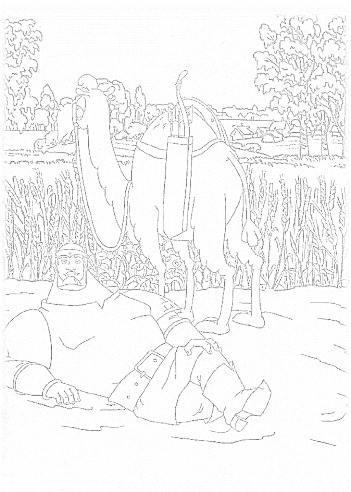 Воин лежит на земле рядом с верблюдом в поле, на фоне деревья и кусты