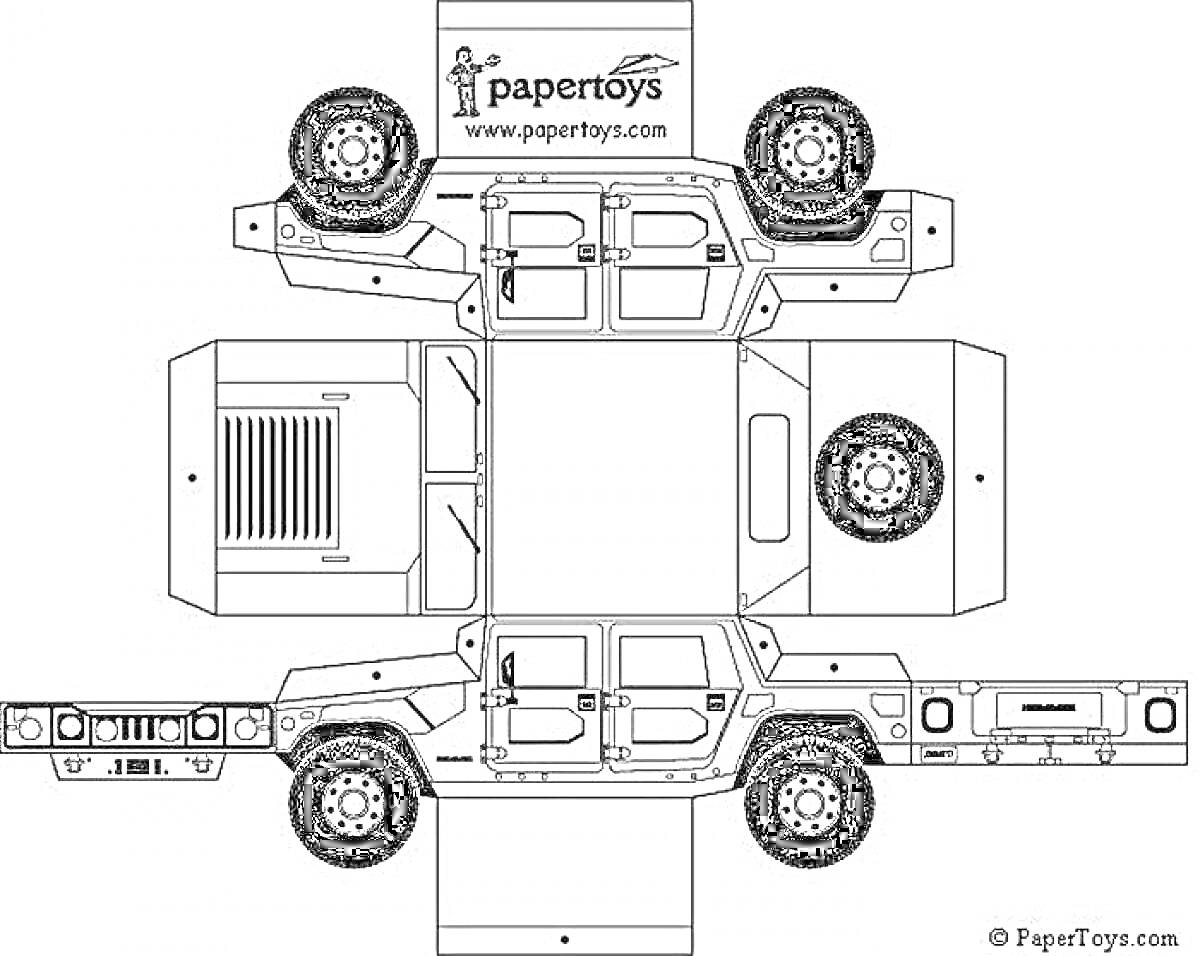 Раскраска макет бумажного джипа с 4 дверями и колесами