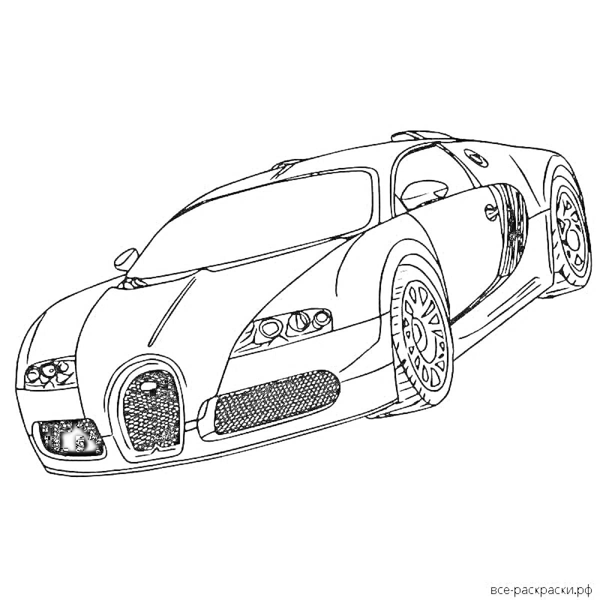 На раскраске изображено: Bugatti, Фары, Капот, Колёса, Спорткар