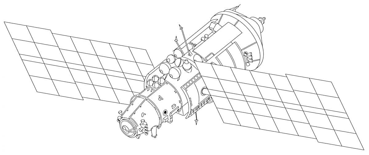 Раскраска Спутник с солнечными панелями и антеннами