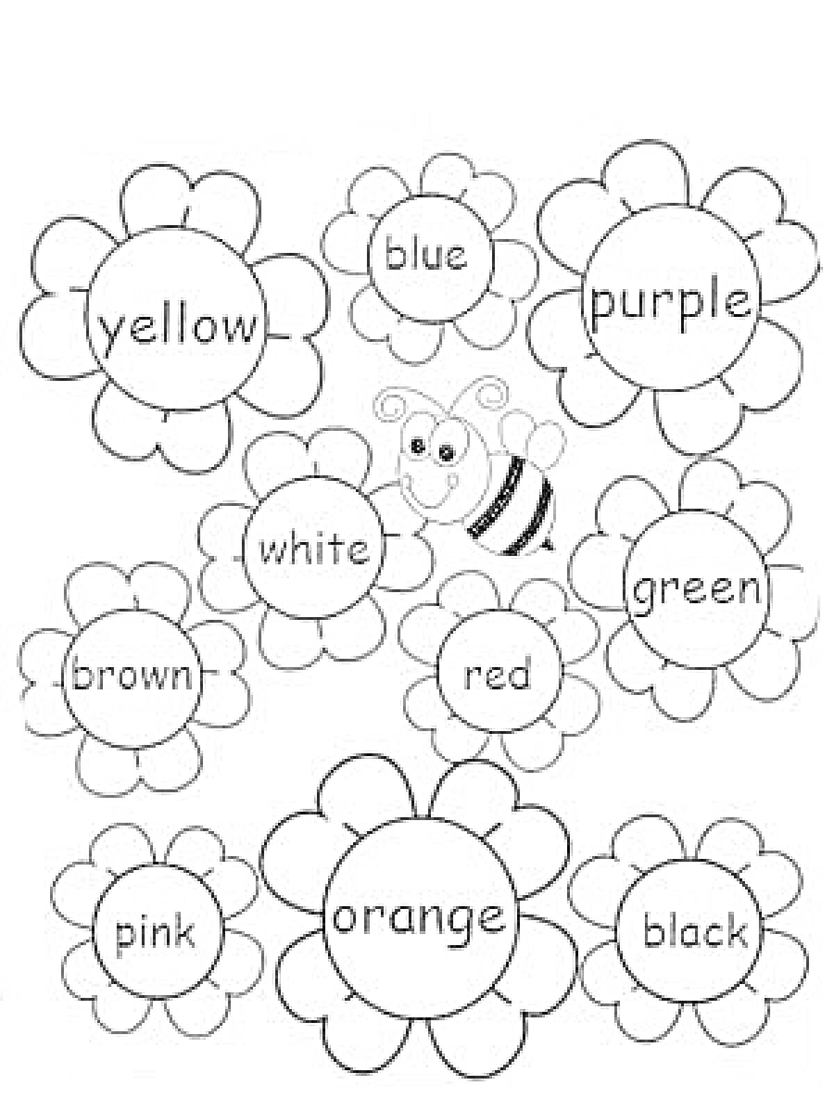 На раскраске изображено: Цветы, Yellow, Blue, Purple, Red, Green, Orange, Английский язык, Пчёлы