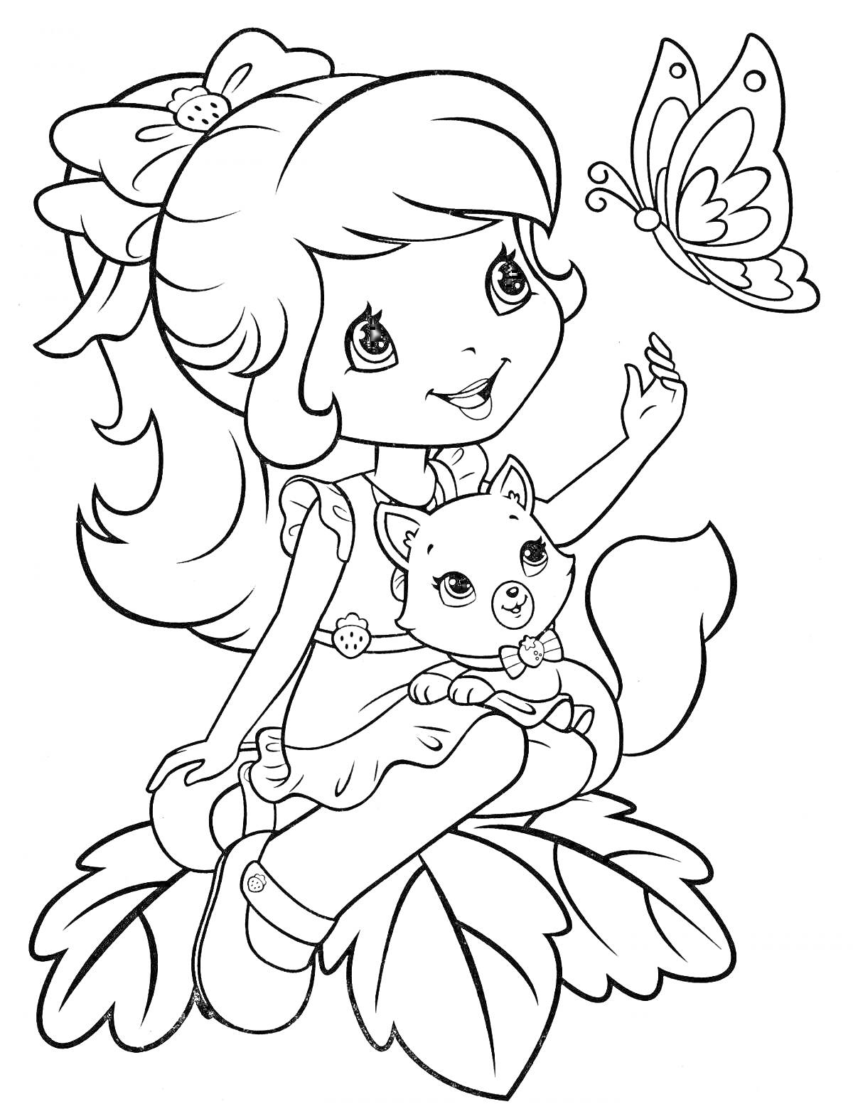 Раскраска Девочка с кошкой и бабочкой на листьях