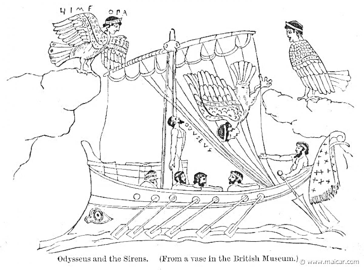 Раскраска Одиссей и сирены на корабле с парусами и личным составом