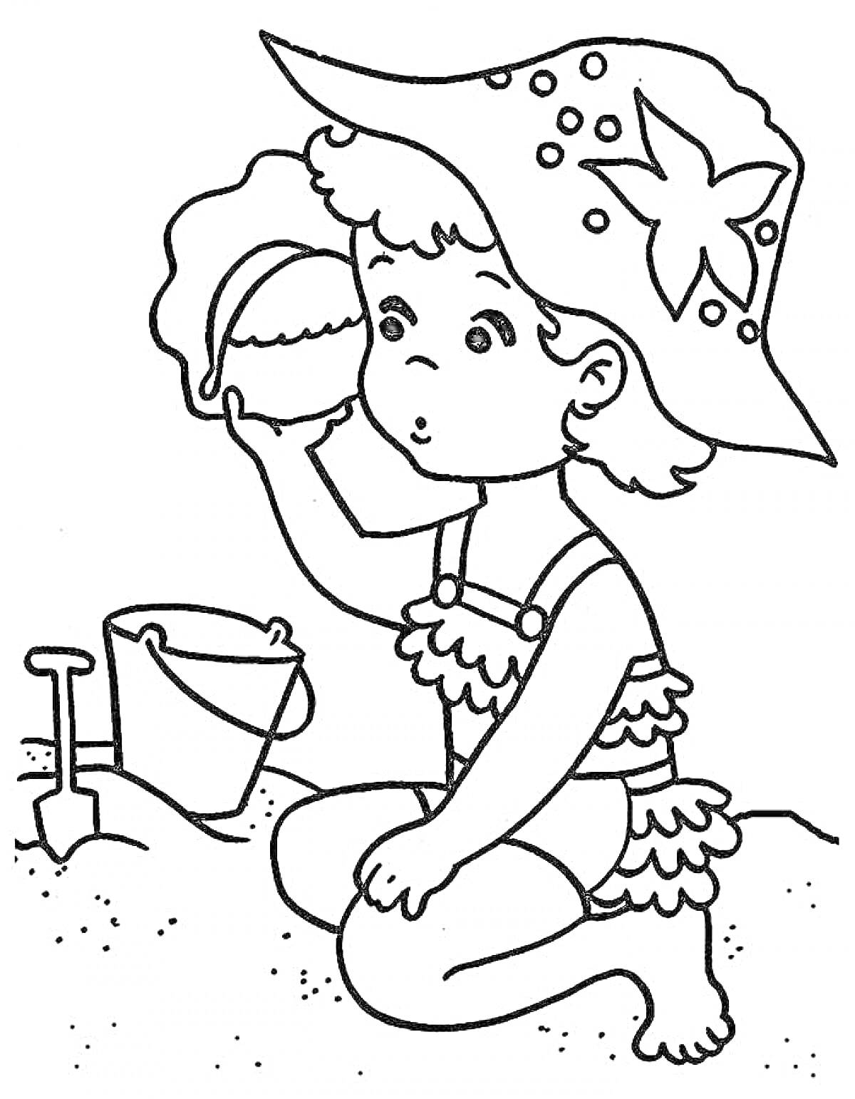 На раскраске изображено: Девочка, Шляпа, Пляж, Песок, Игра, Для детей, Ведёрко, Лопата