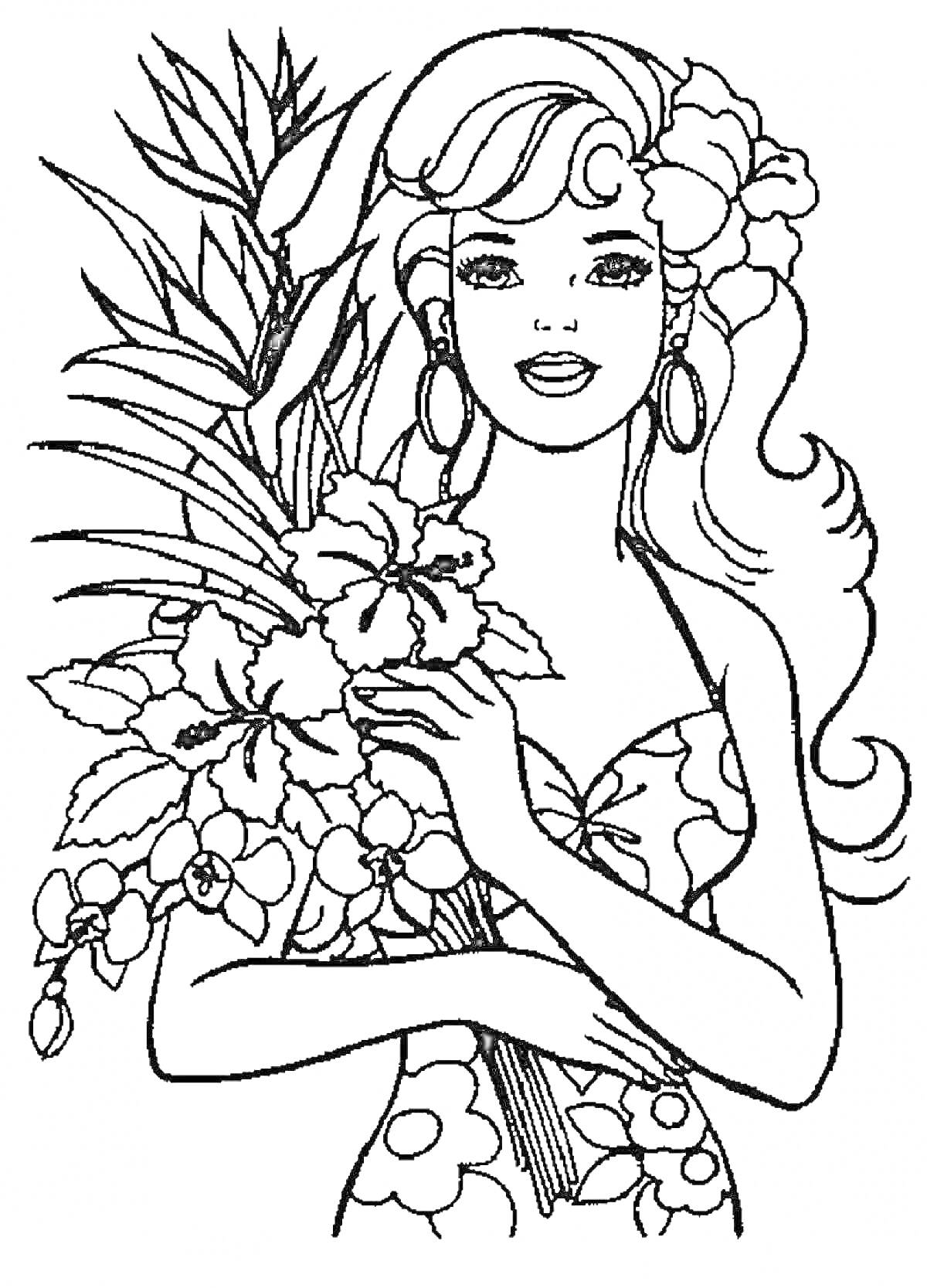 Женщина с букетом цветов, женщина с длинными волосами, серьги, платье с цветочным рисунком