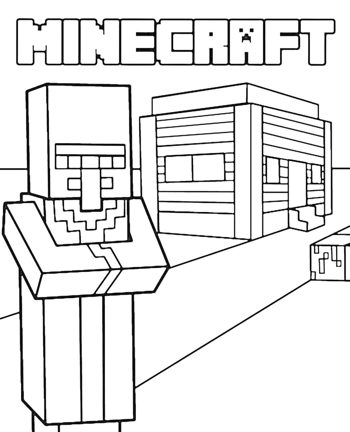 Житель и дом в Майнкрафт с логотипом Minecraft