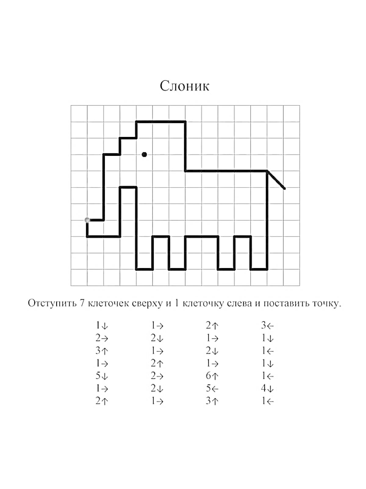 Раскраска Слон в графическом диктанте по клеточкам