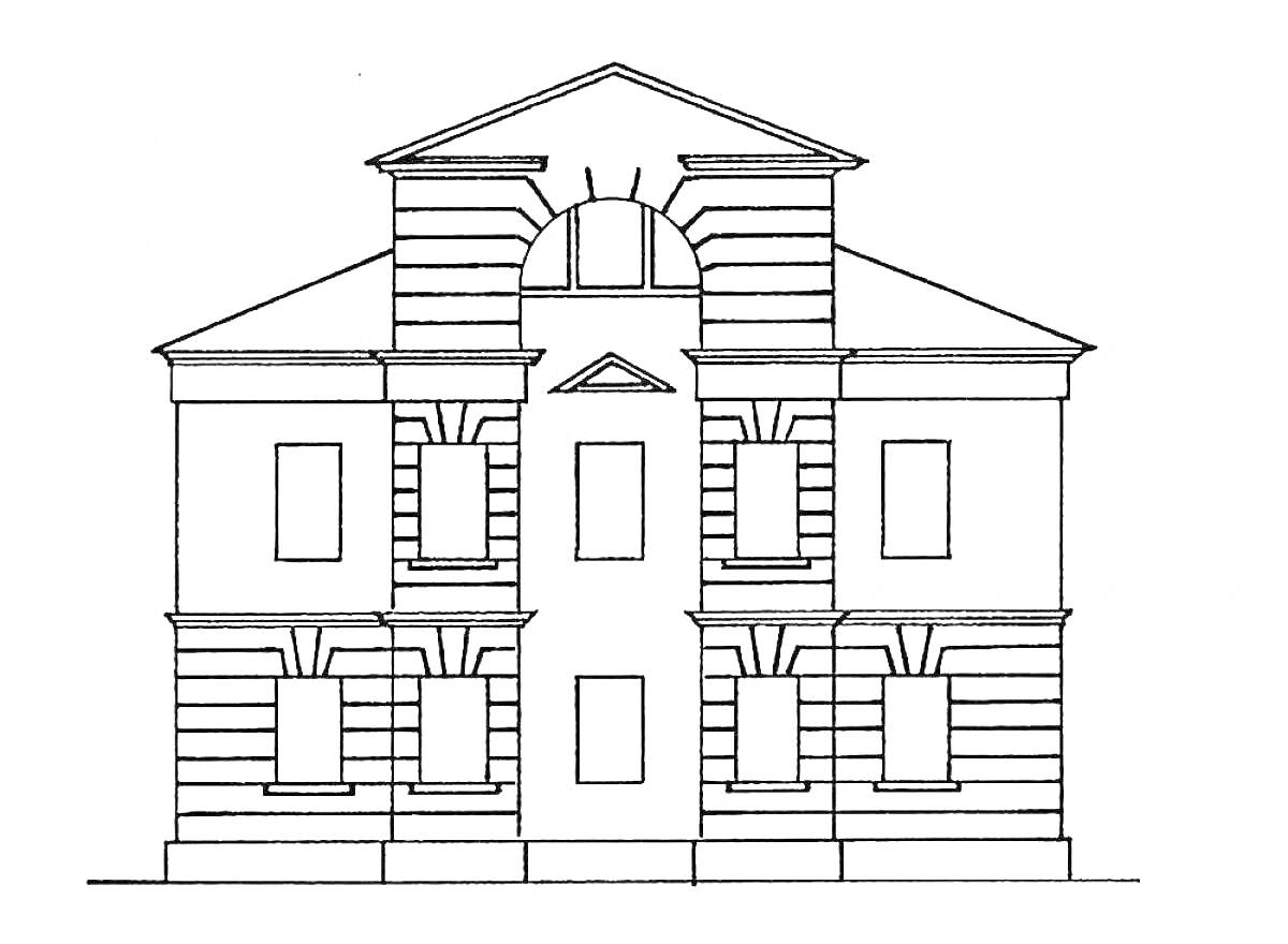 Раскраска Рисунок архитектурного здания с окнами, пилястрами, карнизами и фронтоном
