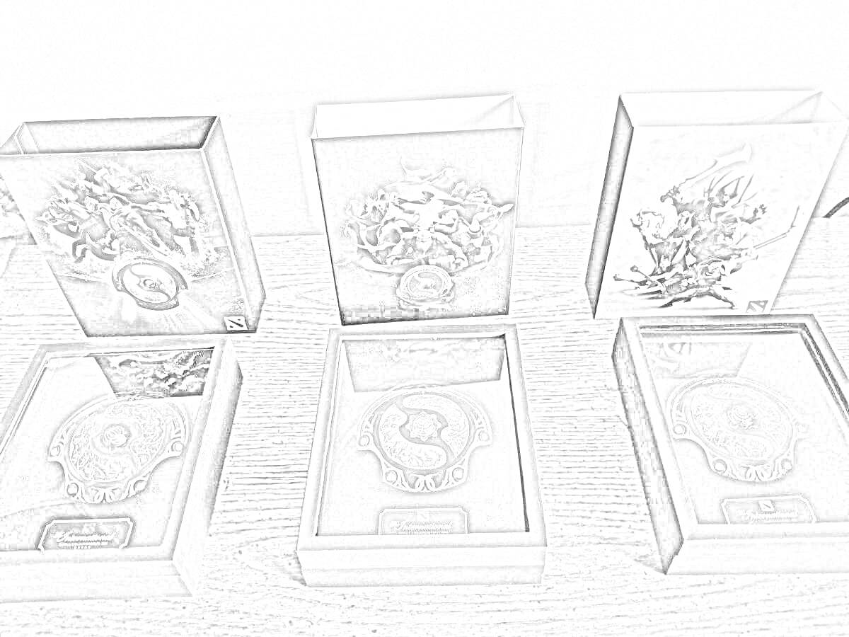 Три комплекта аегисов Hero 2 с различными художественными изображениями на коробках (светло-синий, красный и серо-коричневый) и соответствующими аегисами внутри коробок, расположенные на деревянной поверхности.