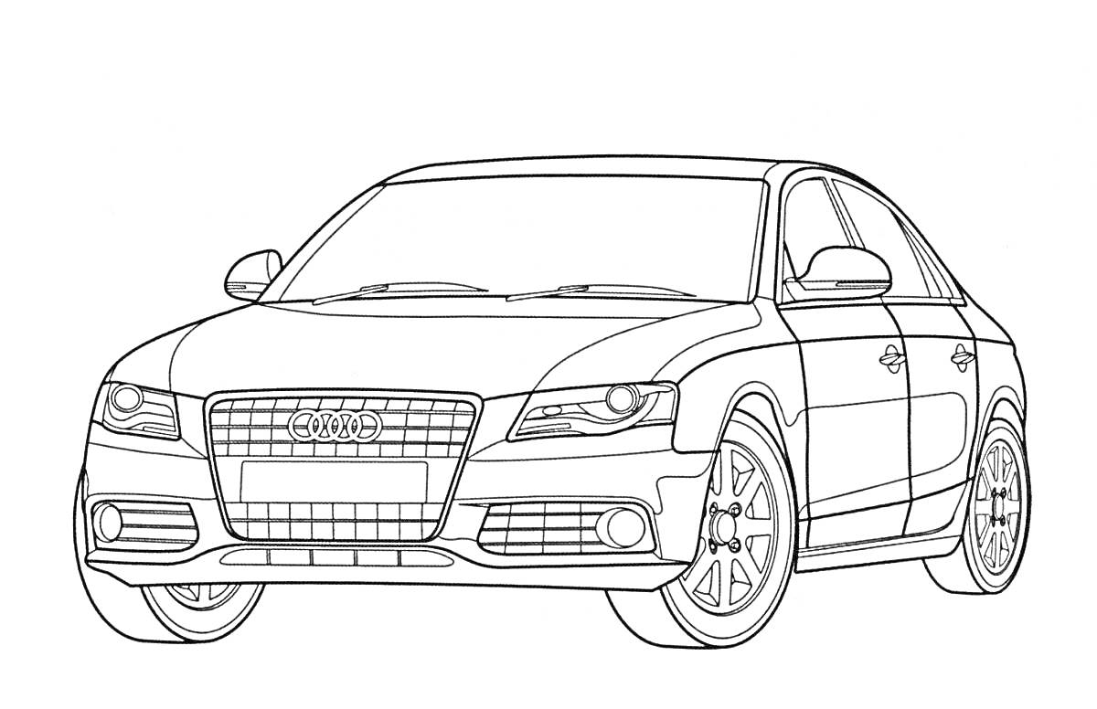 Раскраска Легковой автомобиль с деталями кузова, колес и передней решетки