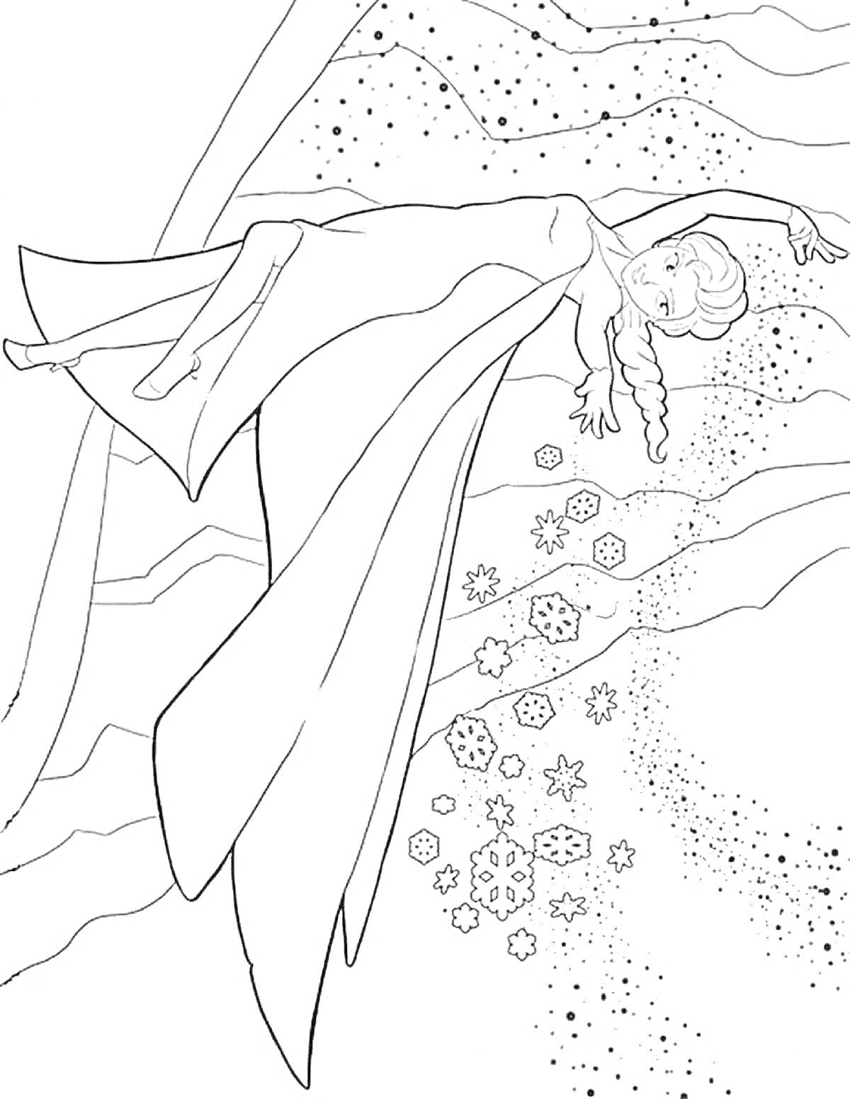 На раскраске изображено: Принцесса, Холодное сердце, Снежинки, Замок, Творчество