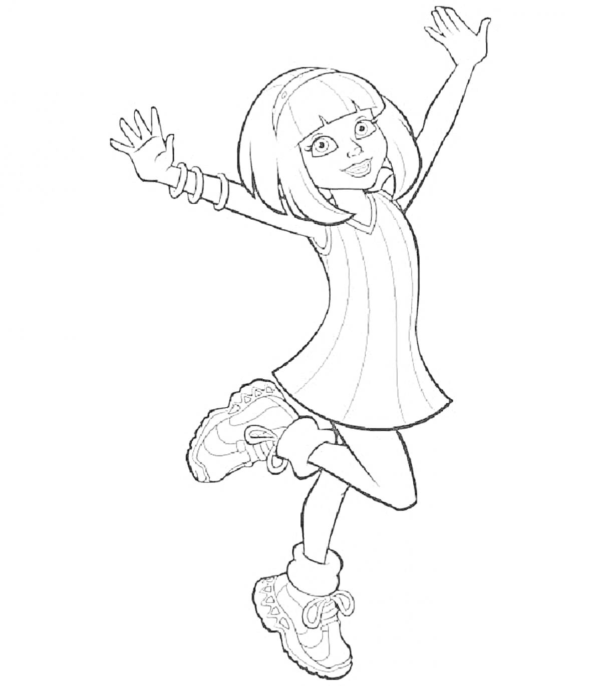 Раскраска Девочка в туфлях-победительница с поднятыми руками в мультяшном стиле