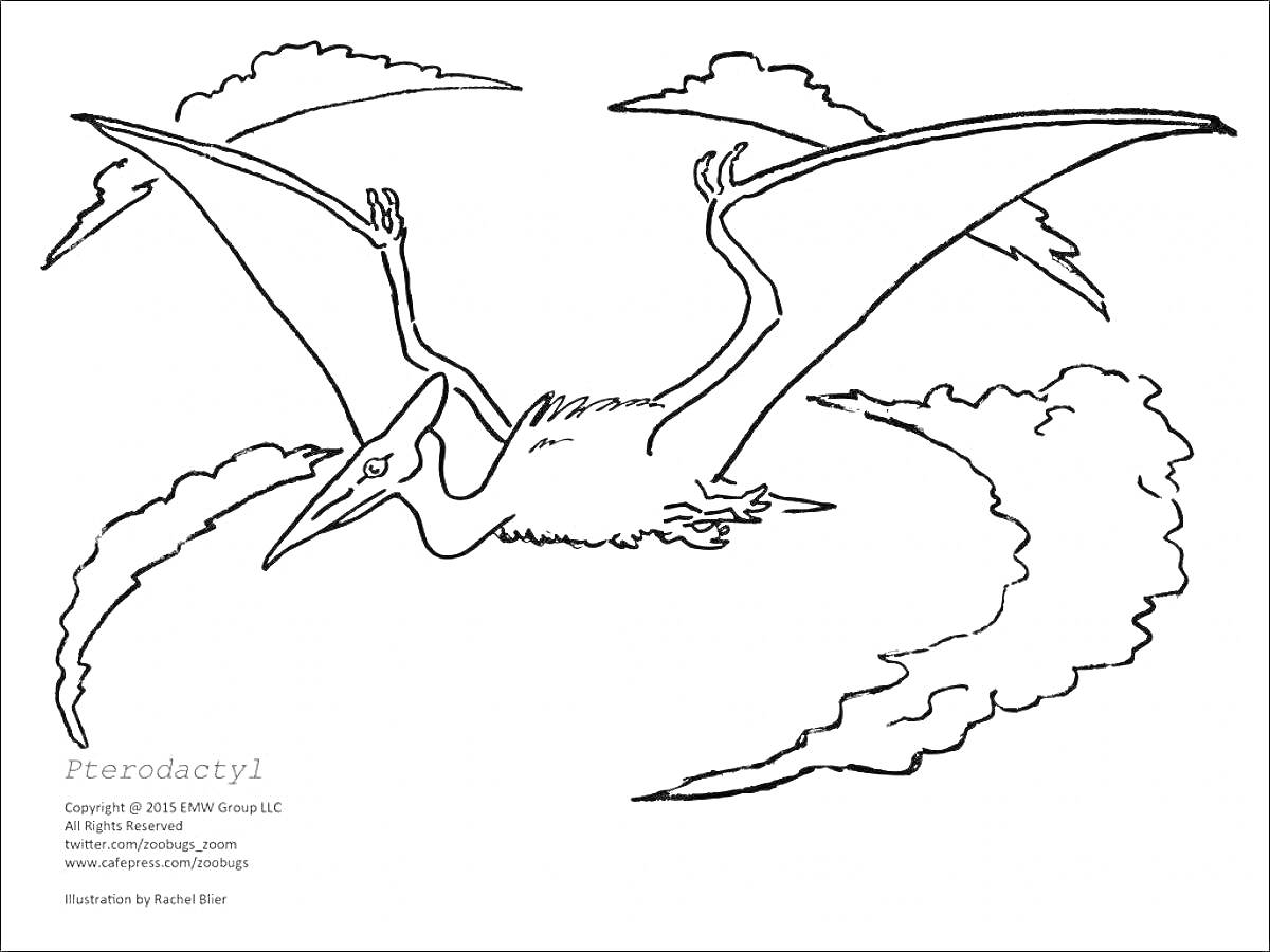 Раскраска Летающий динозавр Птеродактиль с облаками на заднем плане