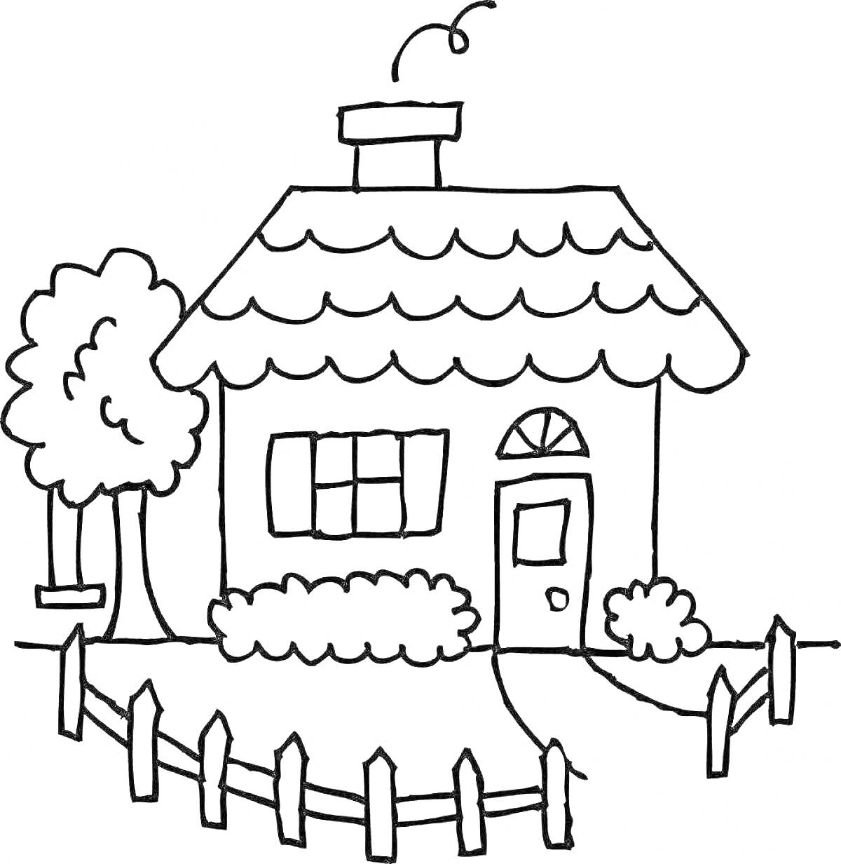 На раскраске изображено: Дом, Кусты, Забор, Труба, Крыша, Окна, Дверь, Дорожка, Для детей, Деревья