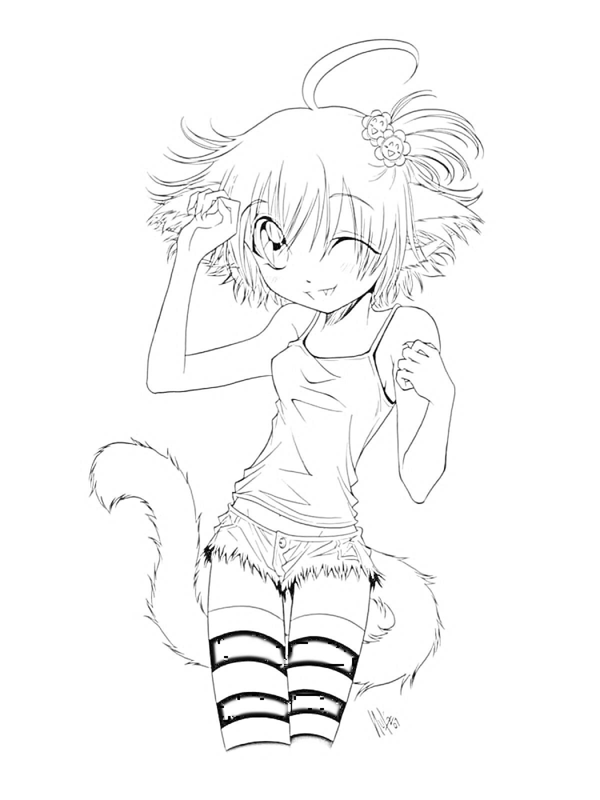 Раскраска Аниме персонаж с кошачьими ушками, хвостом, в цветочке на голове, в майке и шортах, с полосатыми чулками