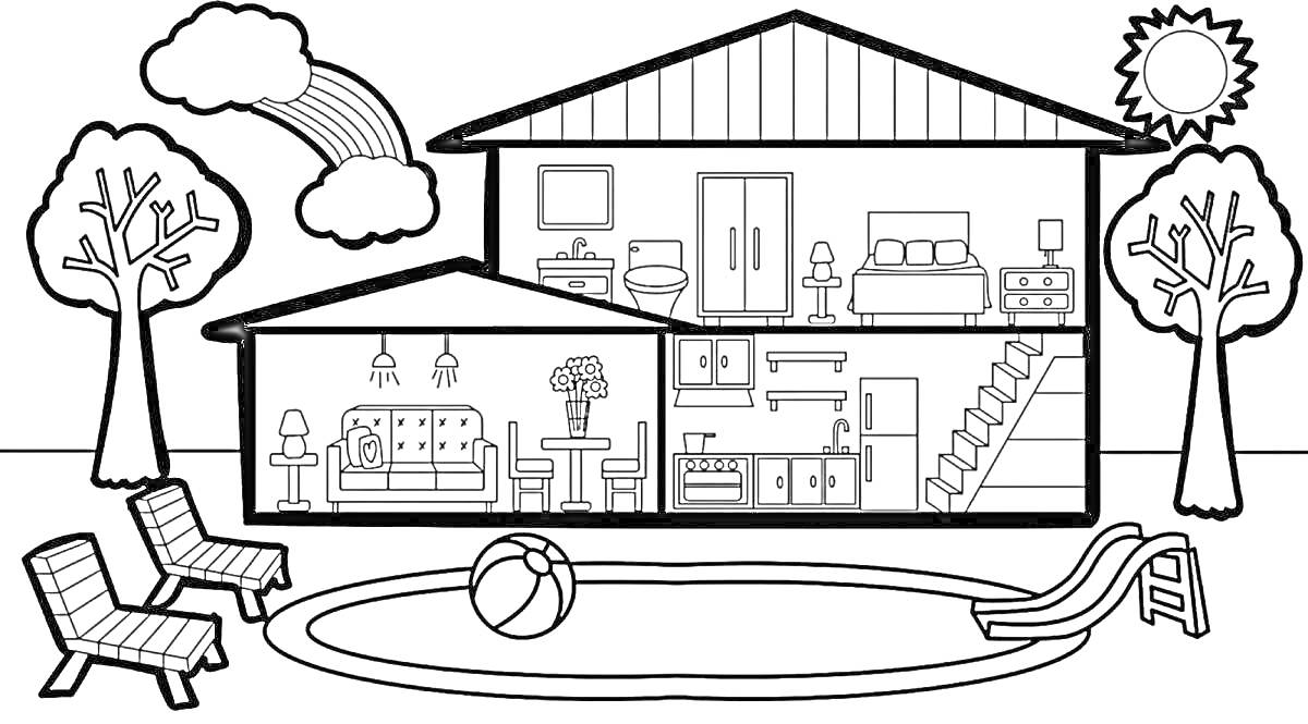 Раскраска Дом с комнатами внутри, мебелью, деревьями снаружи и бассейном с горкой