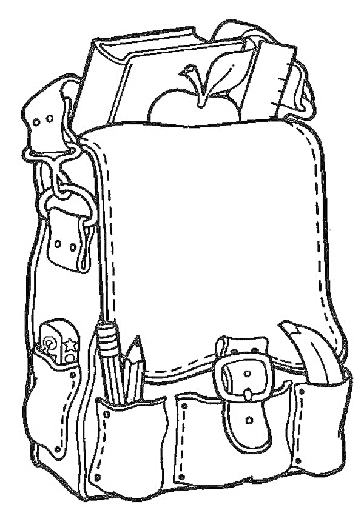 Раскраска Рюкзак с учебниками, яблоком, карандашами и линейкой