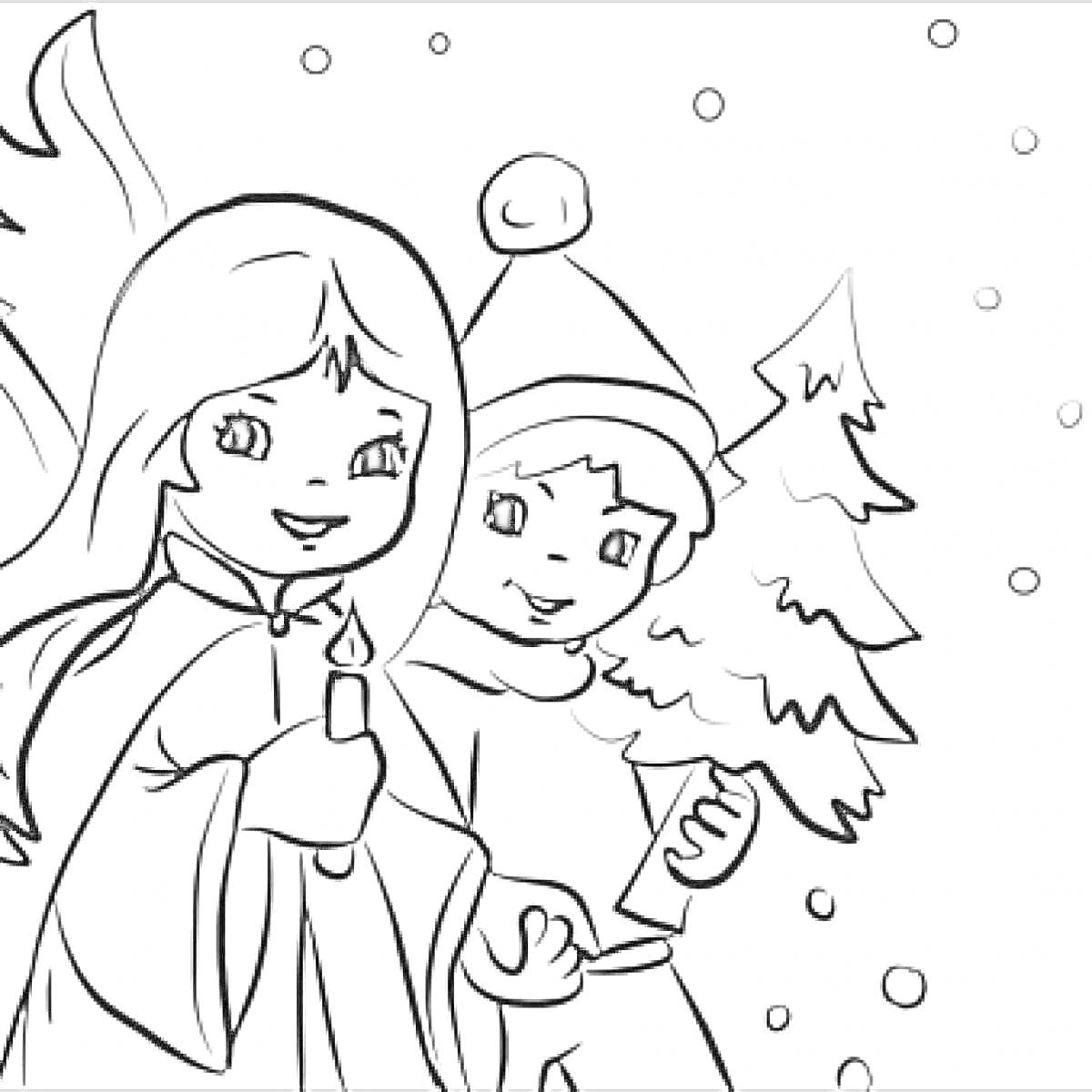 Раскраска Дети в рождественских костюмах с фонариком и свечой, фон елка и снег