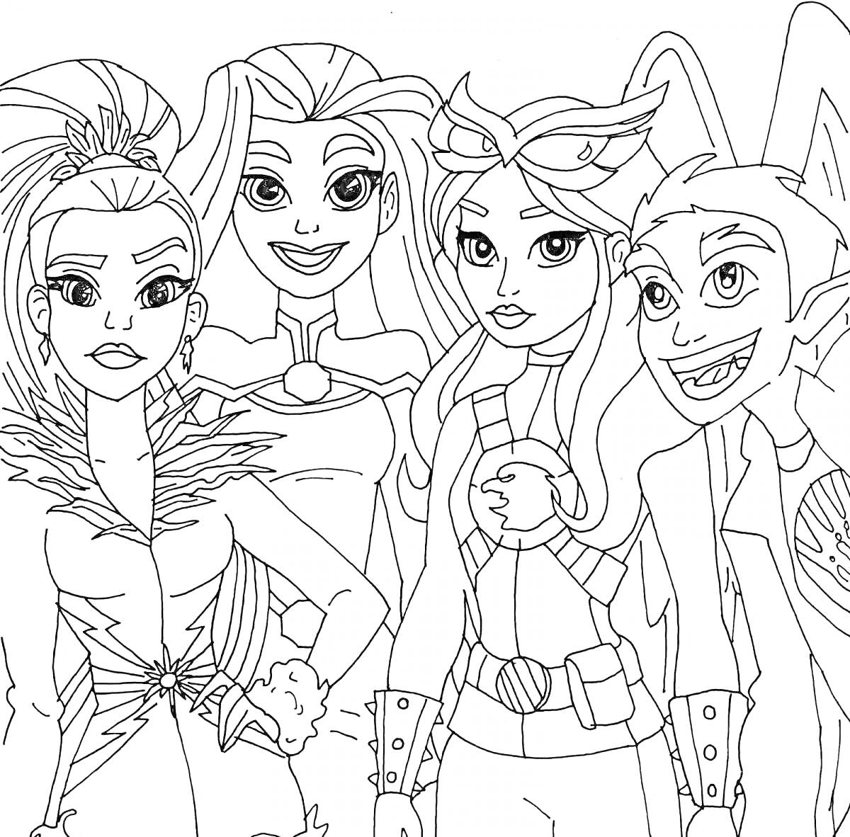 Раскраска Группа персонажей-супергероев с различными костюмами, включая меховые элементы, плащ, очки и аксессуары