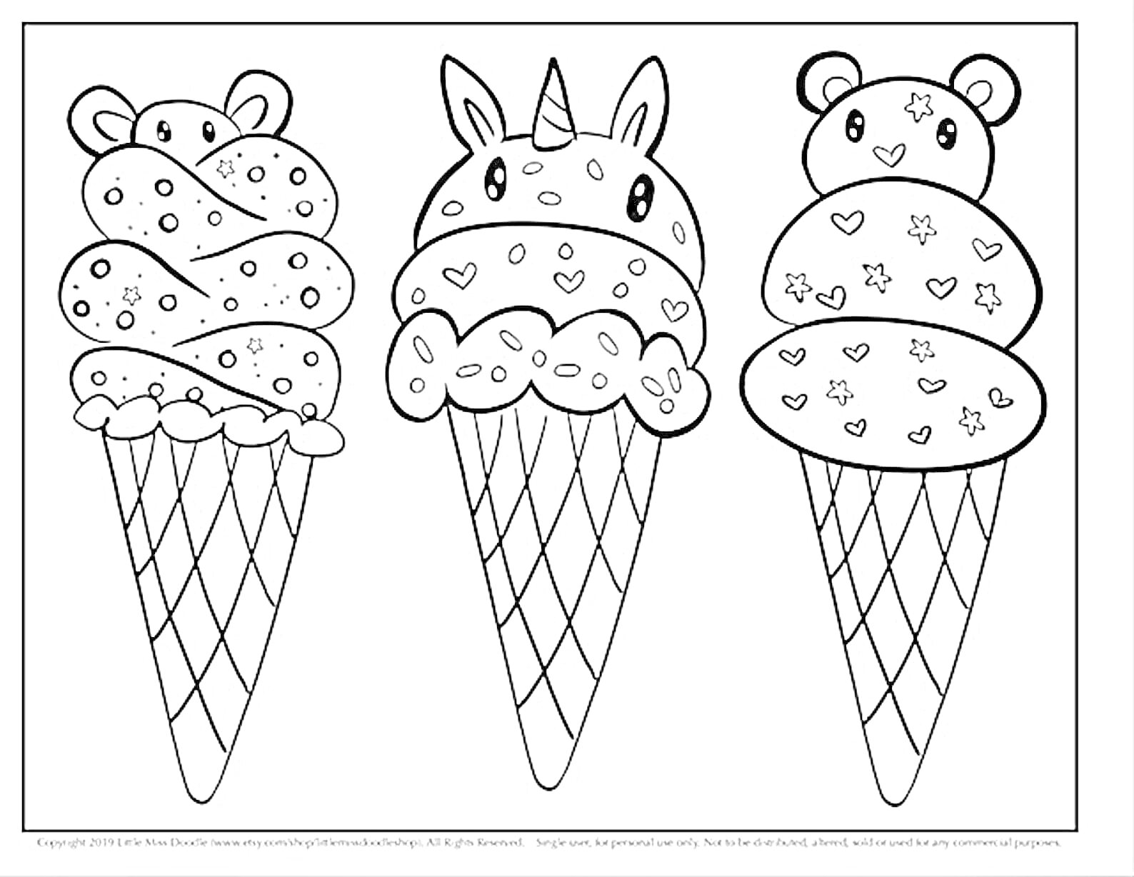 На раскраске изображено: Мороженое, Вафельный рожок, Медведь, Сладости, Конус, Уши