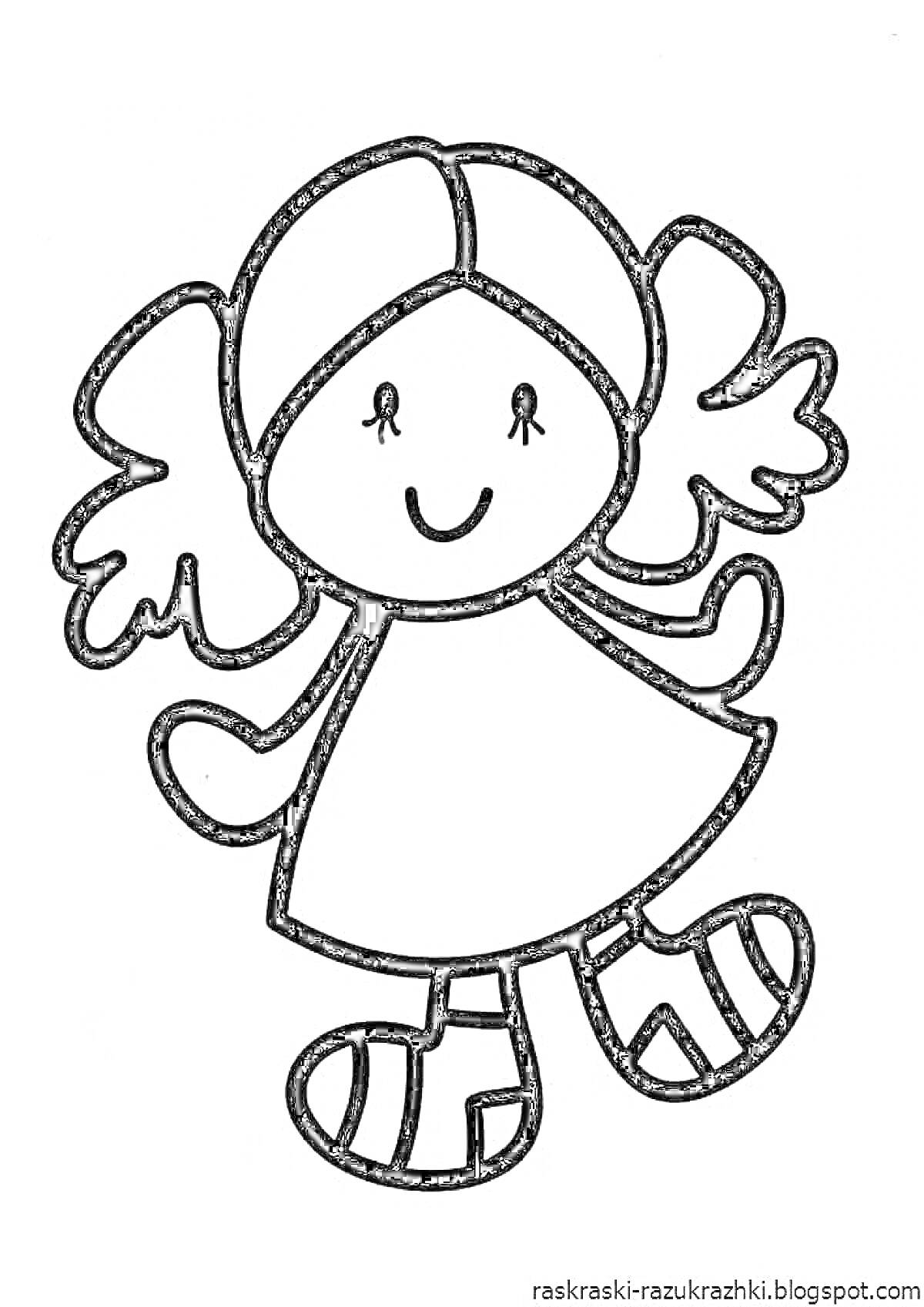 Раскраска Девочка с двумя хвостиками в платье и полосатых носках