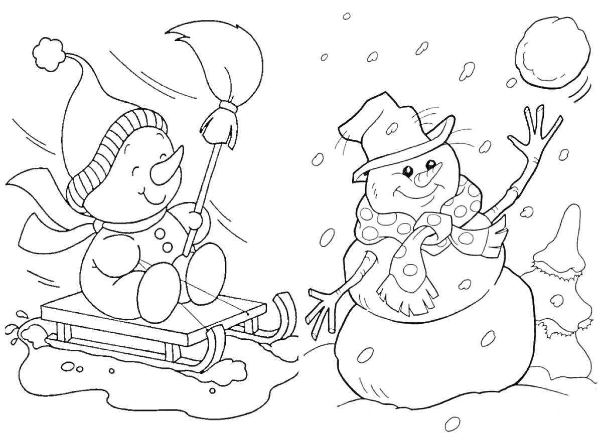 Раскраска Два снеговика: один на санках с метлой, другой кидает снежок, в зимнем пейзаже