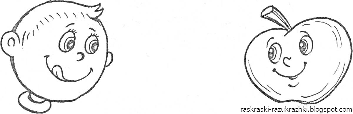 Раскраска Мальчик с высунутым языком смотрит на улыбающееся яблоко