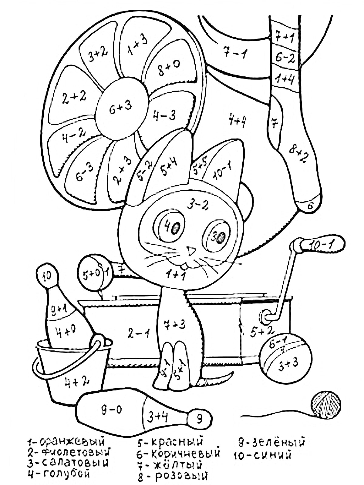 На раскраске изображено: Кот, Математика, Числа, Уравнения, Цвета, Носки, Цветы, Ведёрко, Учеба