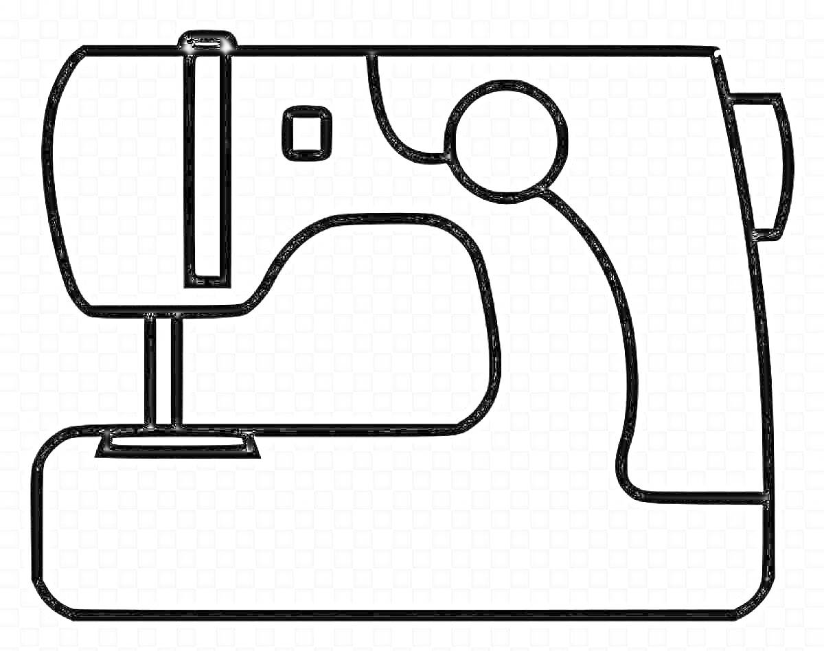 Швейная машинка с элементами: шпулька, игольная пластина, подаватель ткани (транспортировочная лапка), регулятор скорости
