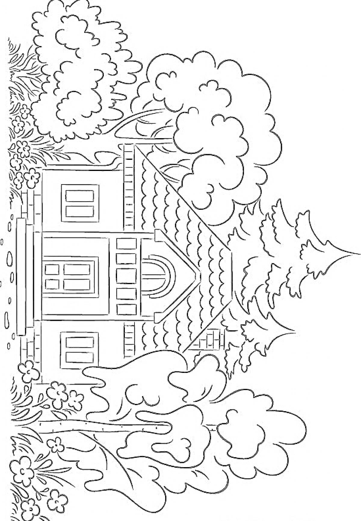 На раскраске изображено: Дом, Деревья, Цветы, Лес, Природа, Крыша, Окна