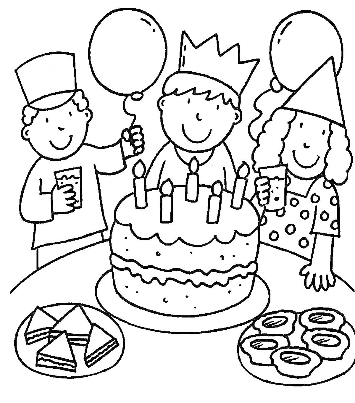 На раскраске изображено: Вечеринка, Торт, Свечи, Воздушные шары, Колпаки, Для детей, Напиток, Пончик, Бутерброд