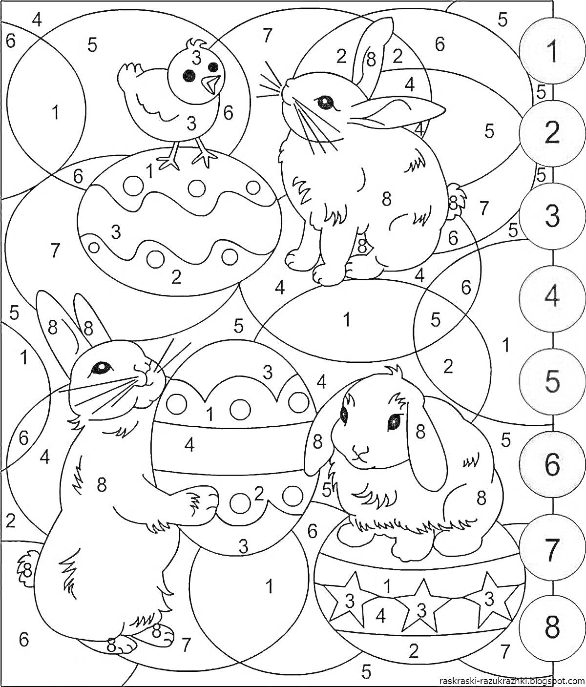 На раскраске изображено: По номерам, Пасхальные яйца, Пасха, Праздники, Разукрашка, Цыплята