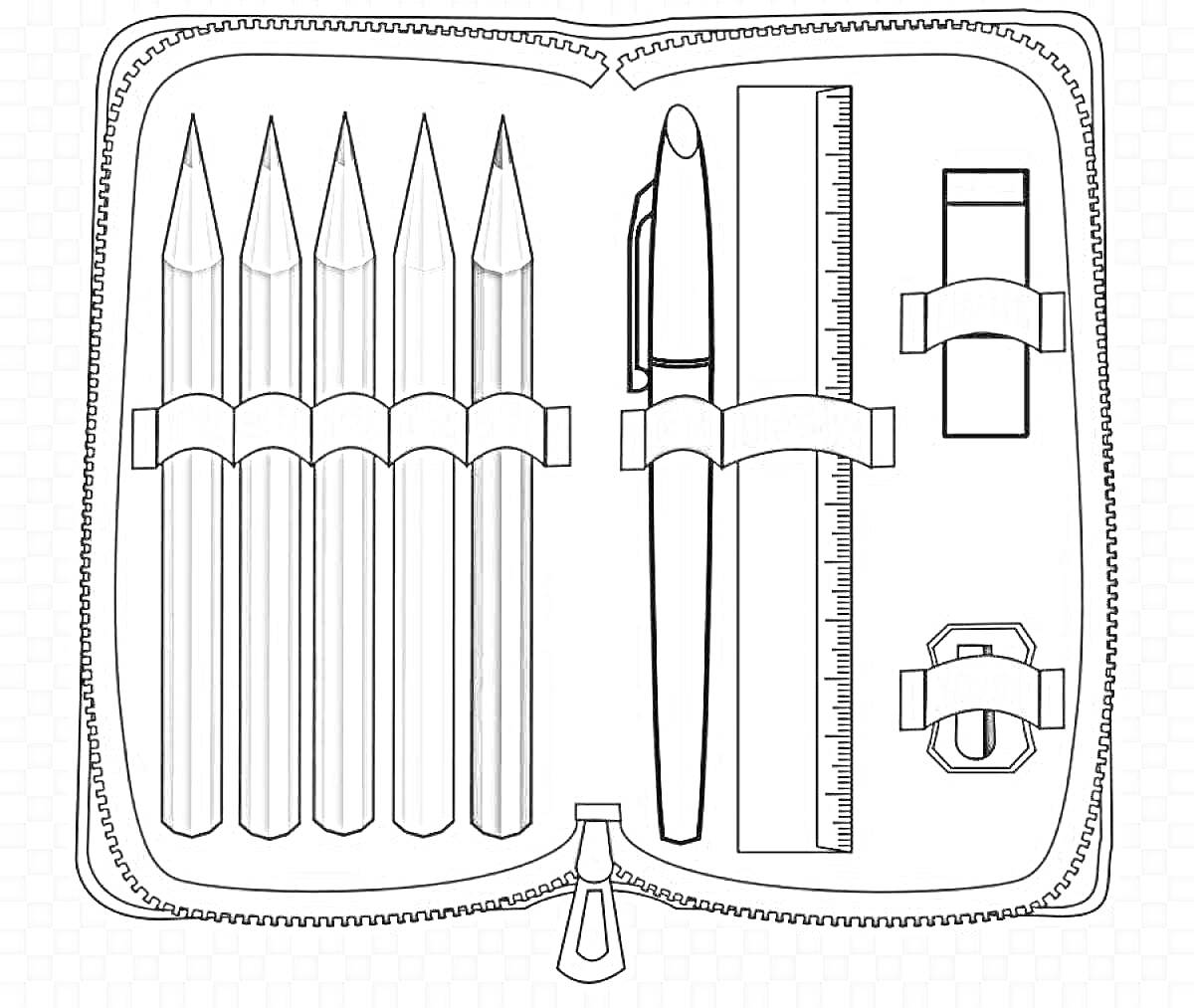 Раскраска Пенал школьный с карандашами, ручкой, линейкой и точилкой