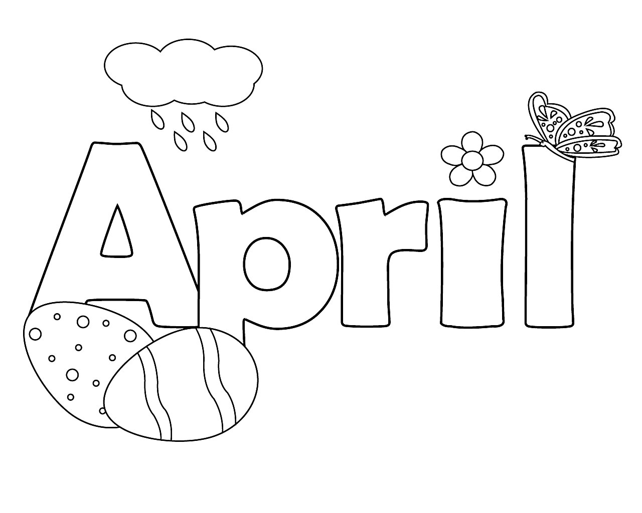 На раскраске изображено: Апрель, Дождь, Капли, Бабочка, Пасхальные яйца, Весна, Цветы