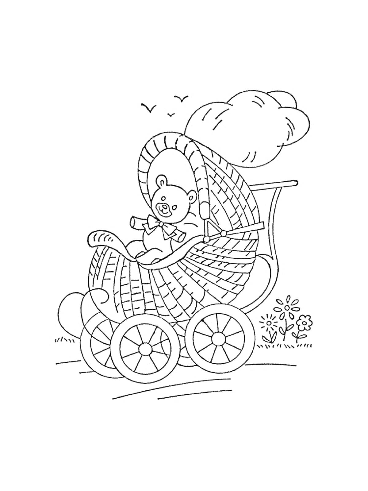 Раскраска Мишка в коляске с капюшоном на прогулке, цветы, трава и птицы на заднем плане