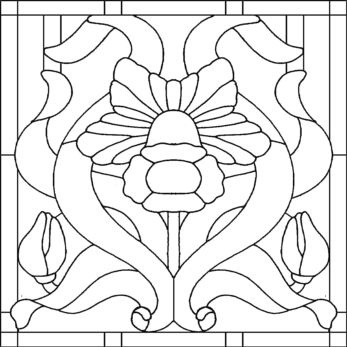 Раскраска витраж с центральным цветком, лепестками, листьями и двумя боковыми бутонами