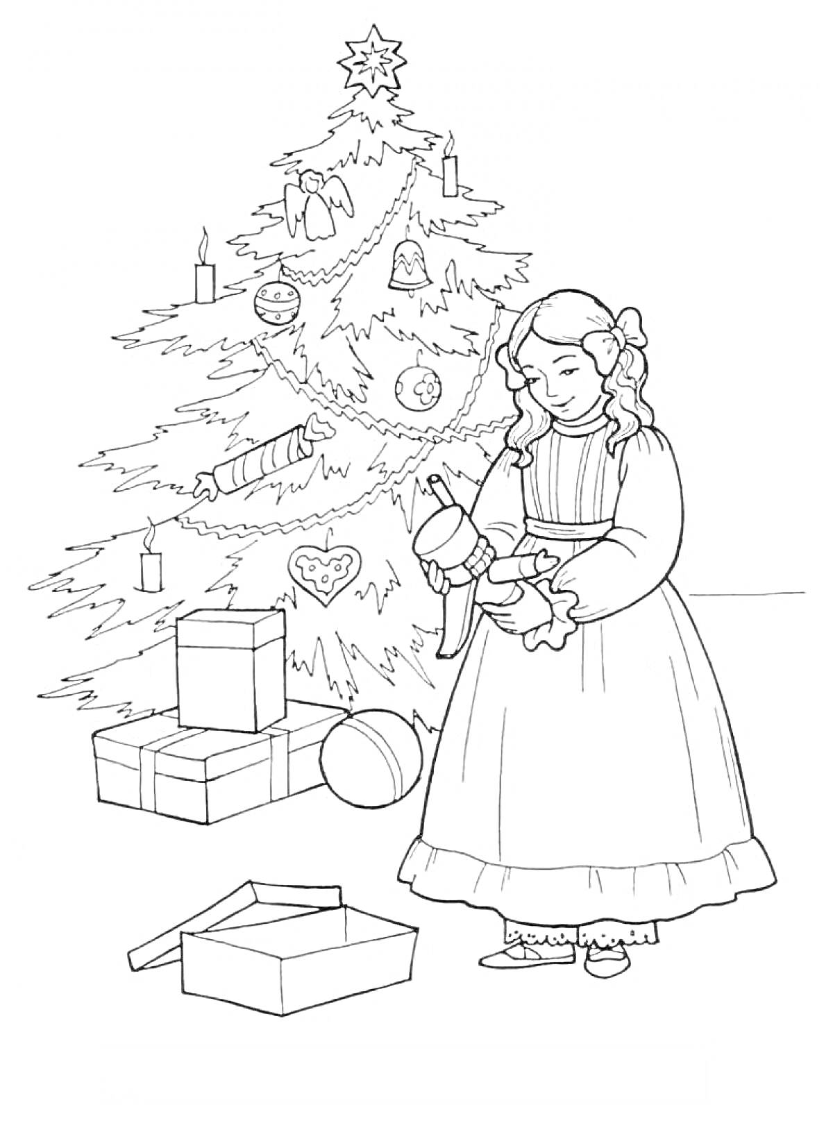 На раскраске изображено: Рождество, Девочка, Кукла, Подарки, Елочные украшения, Новогодняя сказка