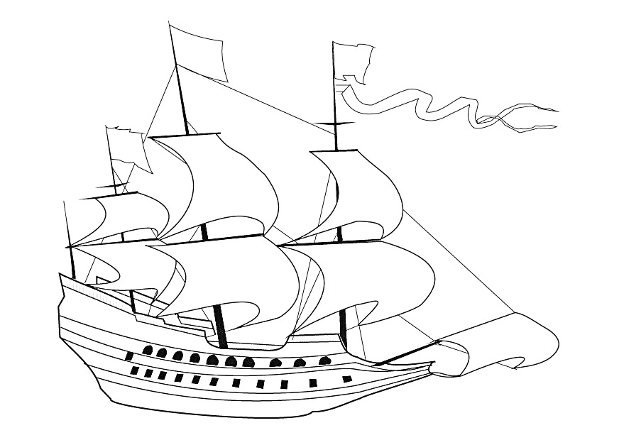 Раскраска Парусный корабль с тремя мачтами, четырьмя флагами и развевающимся флагштоком
