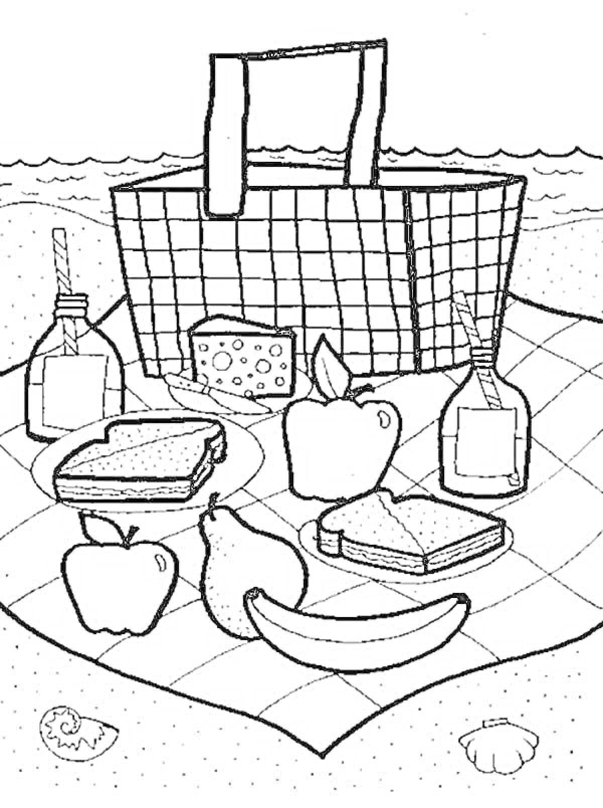 Раскраска Пикник у моря с корзиной, бутербродами, яблоками, грушей, бананом, бутылками с напитками, сыром и песком