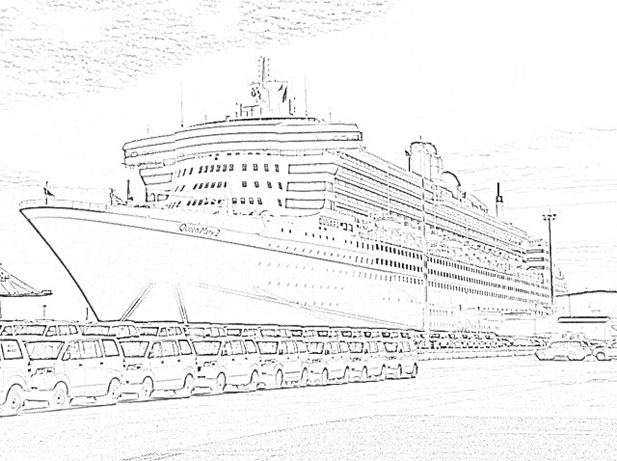 На раскраске изображено: Круизный лайнер, Причал, Порт, Судно, Лайнер, Море, Корабль, Транспорт, Отдых