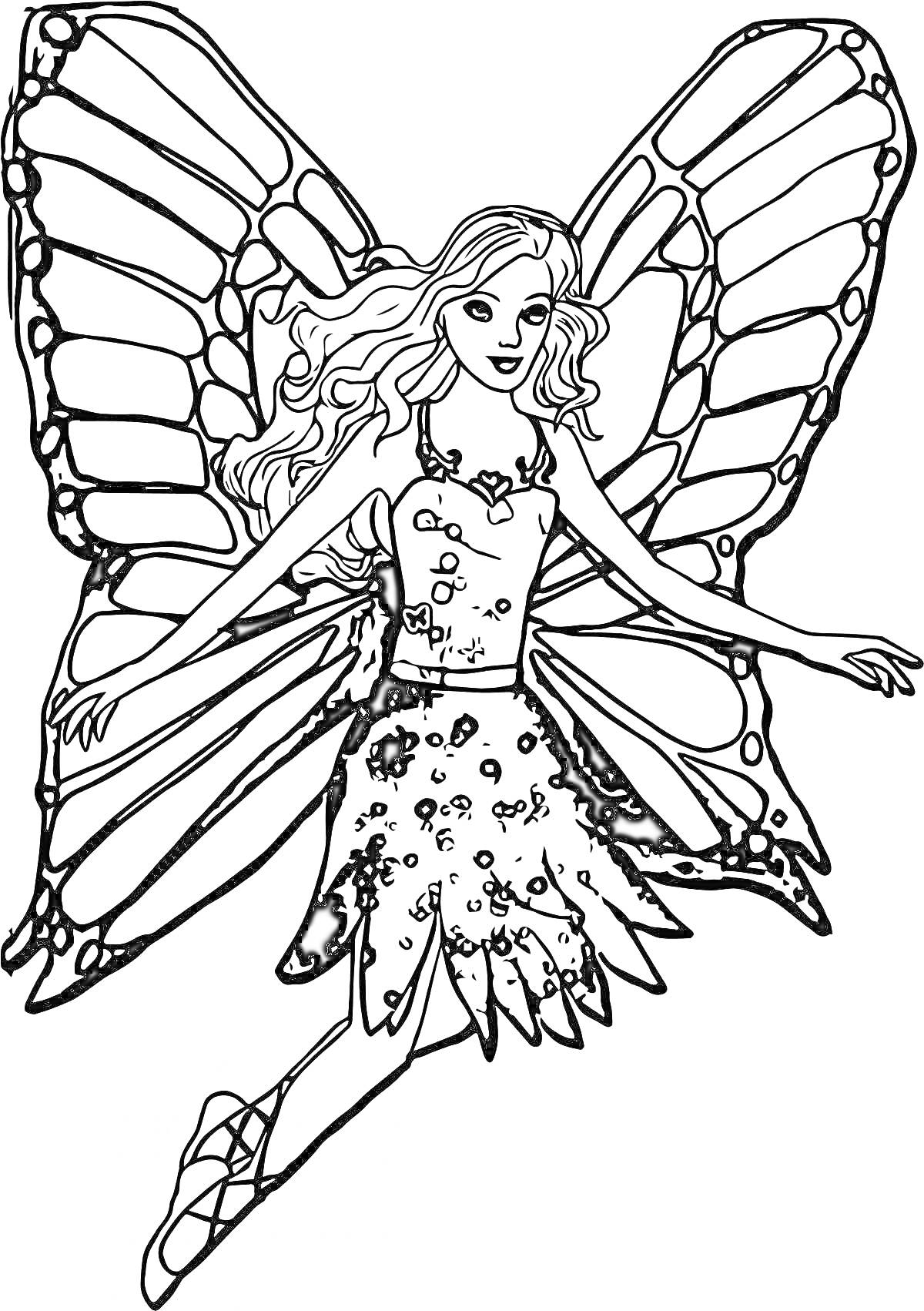 Раскраска Принцесса в платье с цветами и большими крыльями бабочки