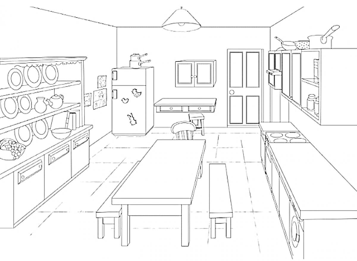 Раскраска Кухня с обеденным столом, посудным шкафом, холодильником, плитой и полками с посудой