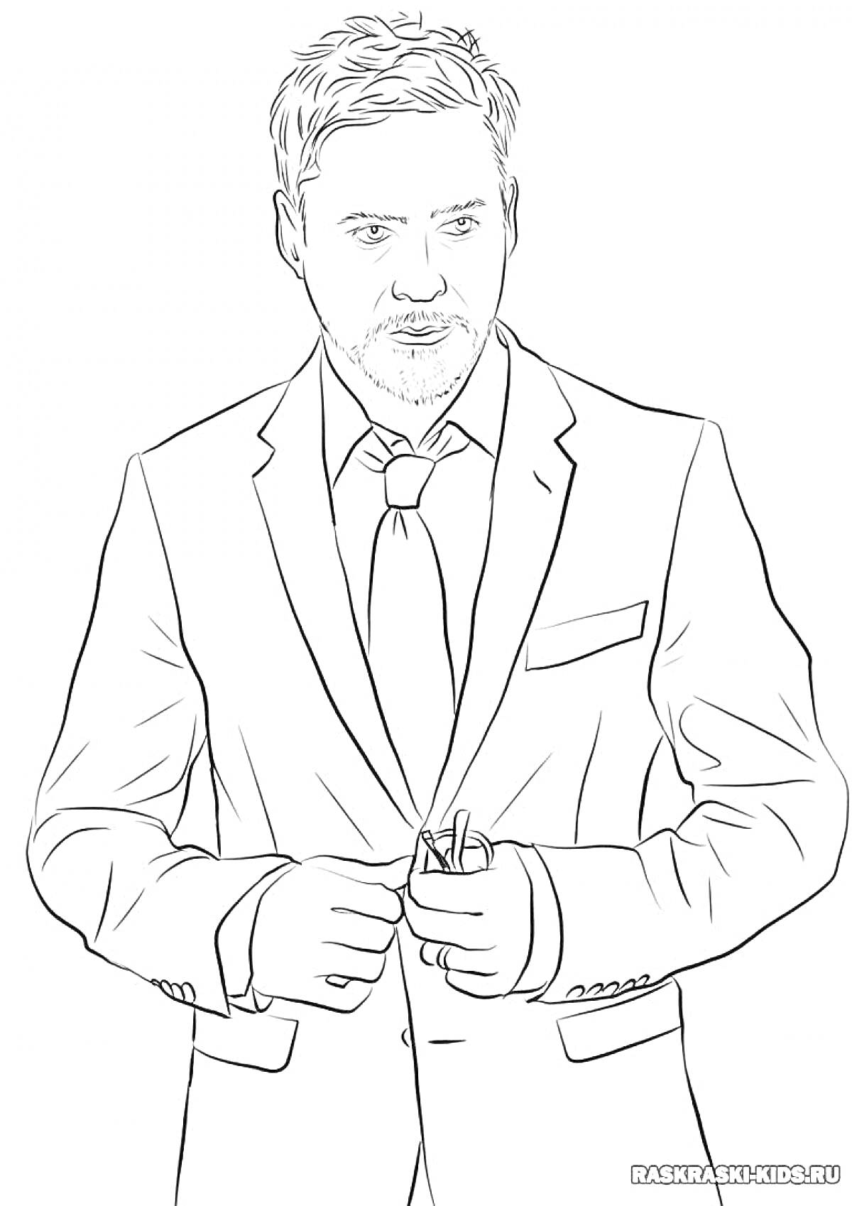 Раскраска Мужчина в костюме с галстуком, расстегивающий пуговицу на пиджаке