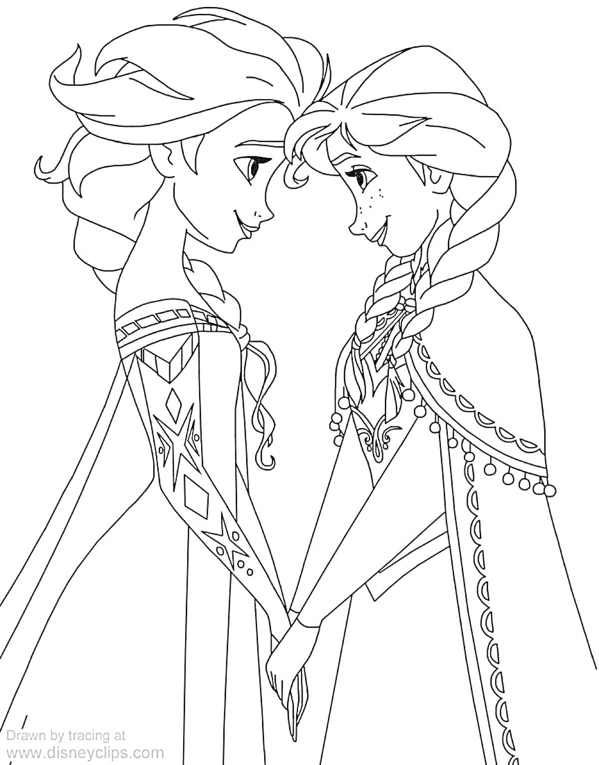 Раскраска Эльза и Анна из Холодного Сердца, стоящие лицом к лицу и держащиеся за руки
