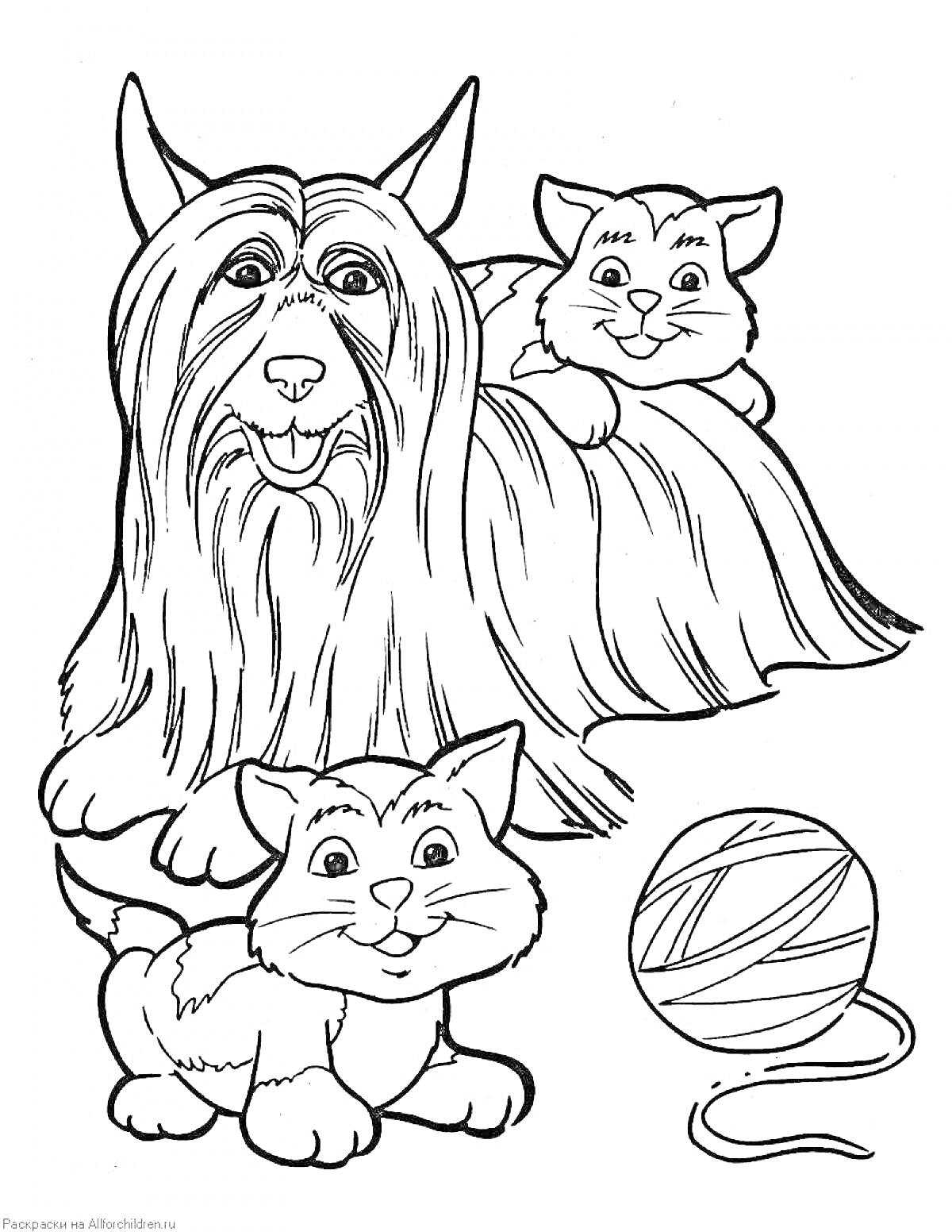 Раскраска Собака с двумя котятами и клубком пряжи