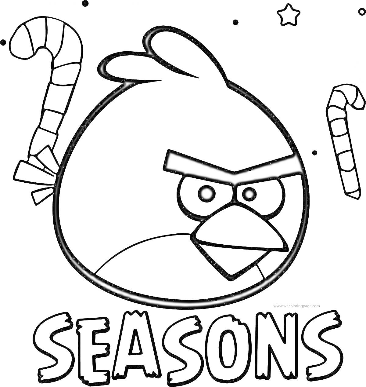 Раскраска Angry Birds Seasons - сердитая птица с двумя карамельными тросточками и звездой