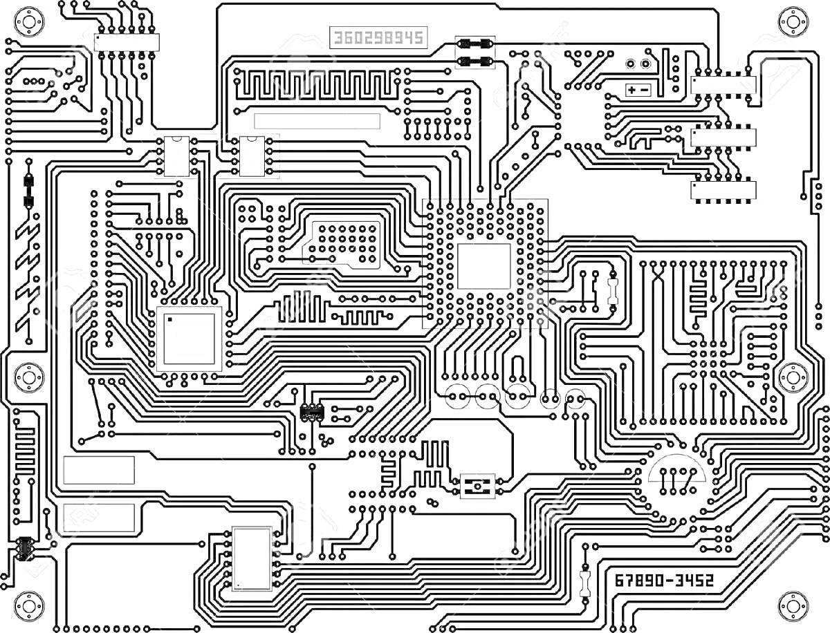 Раскраска Электронная печатная плата с микросхемами, трассировкой и контактными площадками