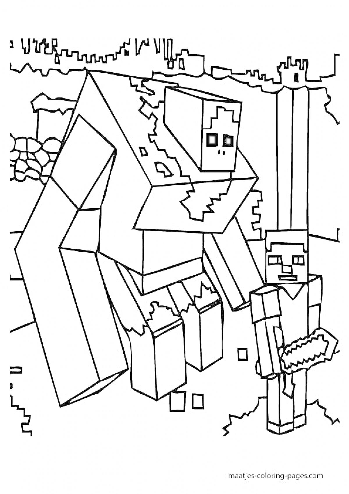 Раскраска Большой зомби и игрок с киркой на фоне разрушенных блоков