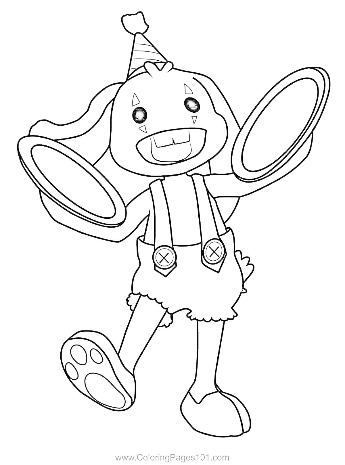 Кролик Бонзо в шортах с подтяжками и праздничной шапочкой